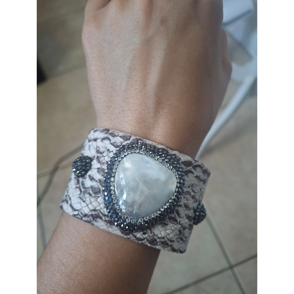 Snakeskin Cuff Bracelet Mother of Pearl Crystal Accent Faux Python Wide Bangle
